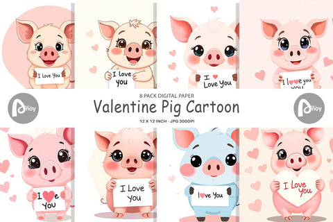 Digital paper Valentine Pig Cartoon Digital Pattern artnoy 