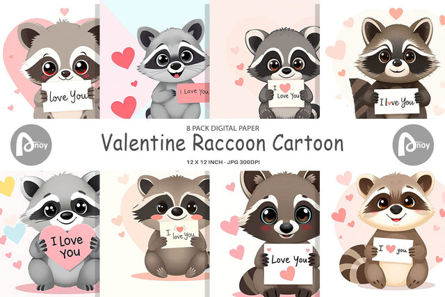 Digital paper Valentine Raccoon Cartoon Digital Pattern artnoy 
