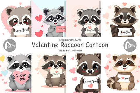 Digital paper Valentine Raccoon Cartoon Digital Pattern artnoy 