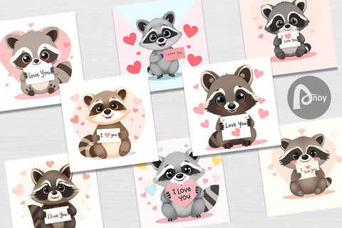 Digital paper Valentine Raccoon Cartoon Digital Pattern artnoy 