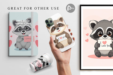 Digital paper Valentine Raccoon Cartoon Digital Pattern artnoy 