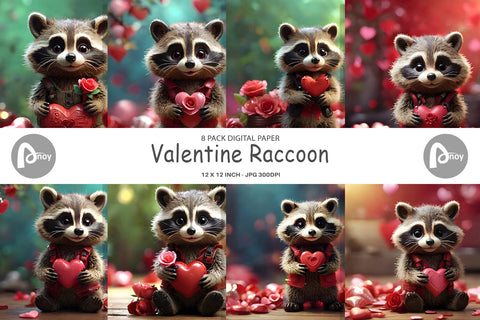 Digital Paper Valentine Raccoon Digital Pattern artnoy 