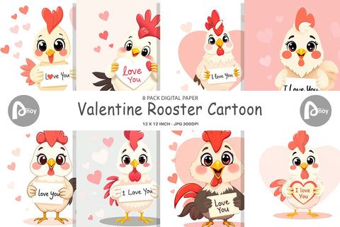 Digital paper Valentine Rooster Cartoon Digital Pattern artnoy 