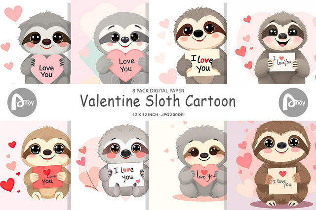 Digital paper Valentine Sloth Cartoon Digital Pattern artnoy 
