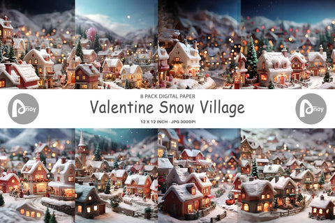 Digital Paper Valentine Snow Village Digital Pattern artnoy 
