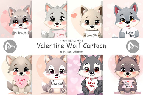 Digital paper Valentine Wolf Cartoon Digital Pattern artnoy 