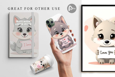 Digital paper Valentine Wolf Cartoon Digital Pattern artnoy 