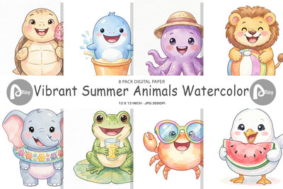 Digital Paper Vibrant Summer Animals Watercolor Digital Pattern artnoy 