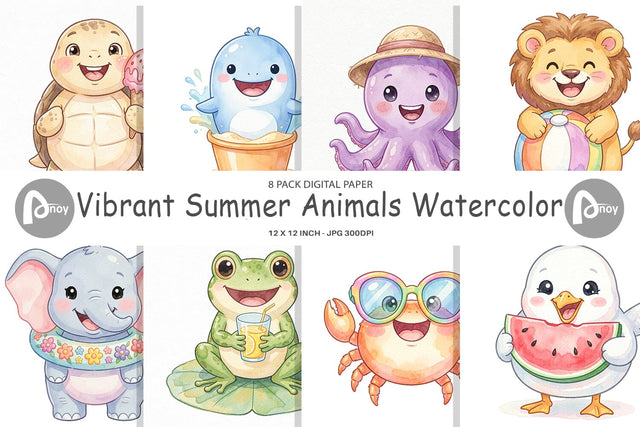 Digital Paper Vibrant Summer Animals Watercolor Digital Pattern artnoy 