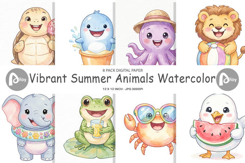 Digital Paper Vibrant Summer Animals Watercolor Digital Pattern artnoy 
