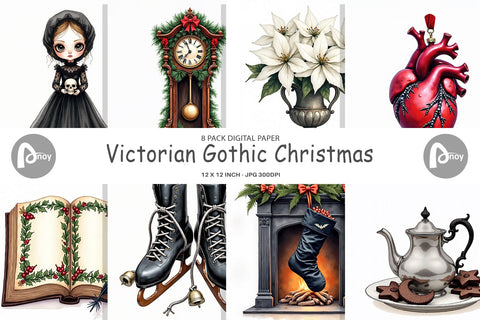 Digital Paper Victorian Gothic Christmas Watercolor Digital Pattern artnoy 