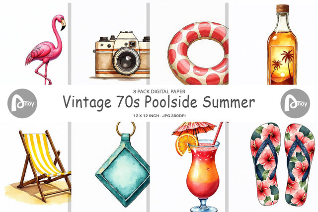 Digital Paper Vintage 70s Poolside Summer Watercolor Digital Pattern artnoy 