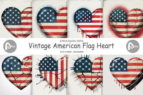 Digital Paper Vintage American Flag Heart Digital Pattern artnoy 