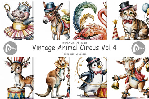 Digital Paper Vintage Animal Circus Digital Pattern artnoy 
