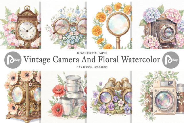 Digital Paper Vintage Camera And Floral Watercolor Digital Pattern artnoy 