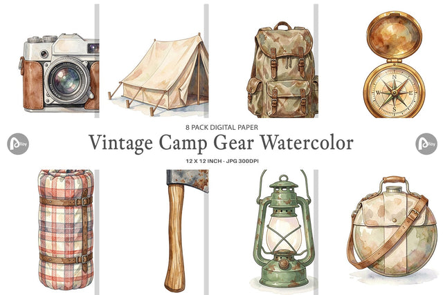 Digital Paper Vintage Camp Gear Watercolor Digital Pattern artnoy 