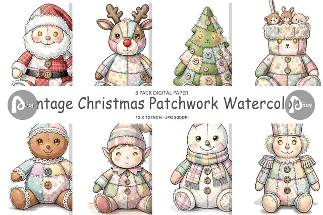 Digital Paper Vintage Christmas Patchwork Watercolor Digital Pattern artnoy 