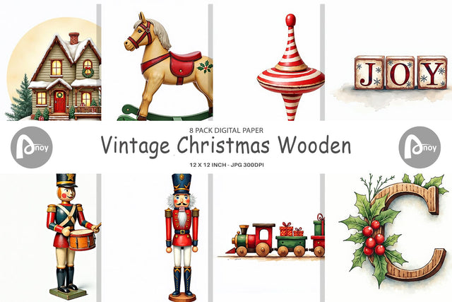 Digital Paper Vintage Christmas Wooden Toys Watercolor Digital Pattern artnoy 