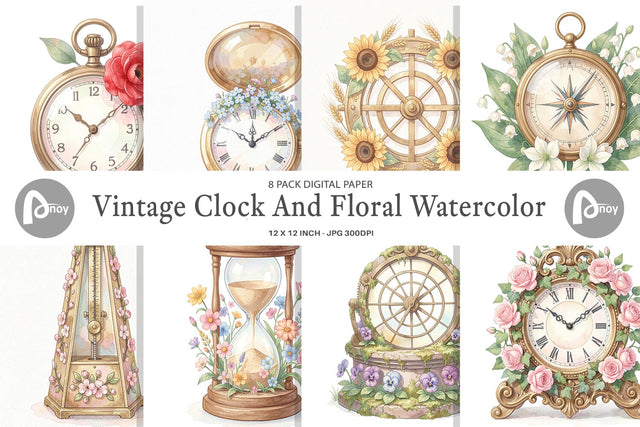Digital Paper Vintage Clock And Floral Watercolor Digital Pattern artnoy 