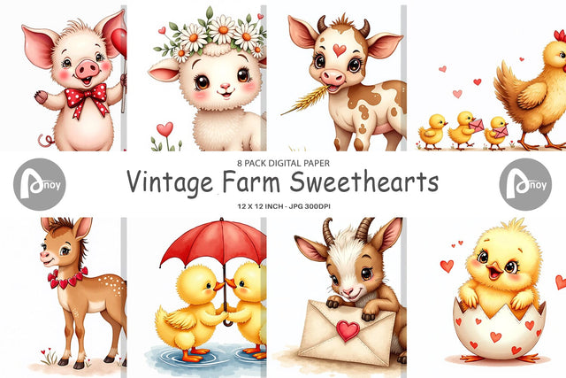 Digital Paper Vintage Farm Sweethearts Valentine Watercolor Digital Pattern artnoy 
