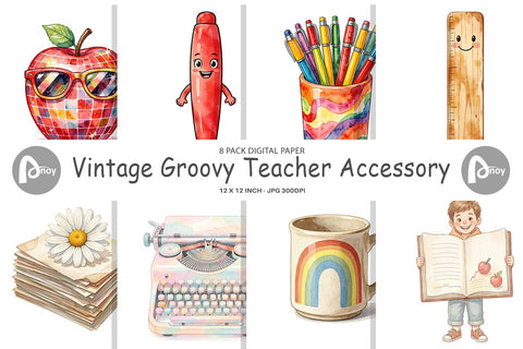 Digital Paper Vintage Groovy Teacher Accessory Digital Pattern artnoy 