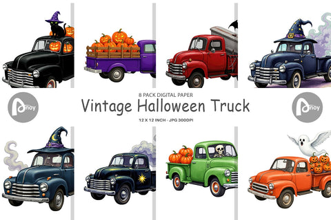 Digital Paper Vintage Halloween Truck Digital Pattern artnoy 