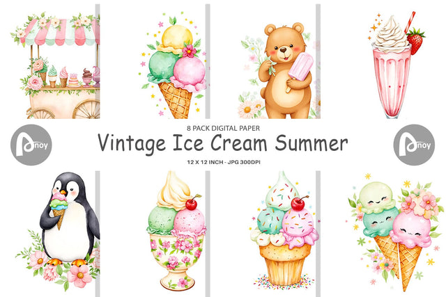 Digital Paper Vintage Ice Cream Summer Digital Pattern artnoy 