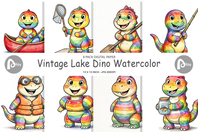 Digital Paper Vintage Lake Dino Watercolor Digital Pattern artnoy 