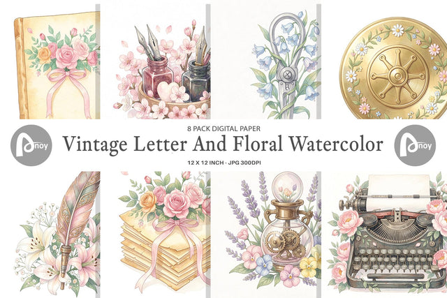 Digital Paper Vintage Letter And Floral Watercolor Digital Pattern artnoy 