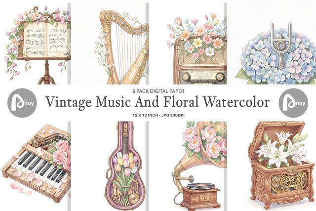 Digital Paper Vintage Music And Floral Watercolor Digital Pattern artnoy 