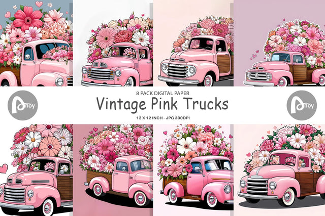 Digital Paper Vintage Pink Trucks Sublimation artnoy 