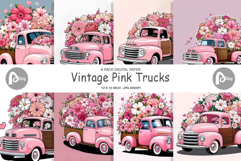 Digital Paper Vintage Pink Trucks Sublimation artnoy 