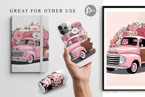 Digital Paper Vintage Pink Trucks Sublimation artnoy 