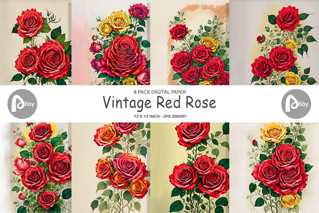 Digital Paper Vintage Red Rose Digital Pattern artnoy 