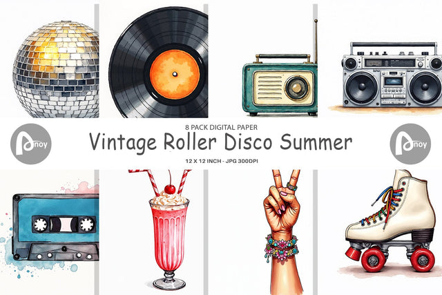 Digital Paper Vintage Roller Disco Summer Watercolor Digital Pattern artnoy 