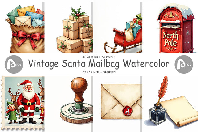Digital Paper Vintage Santa's Mailbag Watercolor Digital Pattern artnoy 