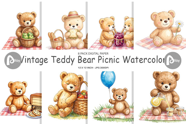 Digital Paper Vintage Teddy Bear Picnic Watercolor Digital Pattern artnoy 