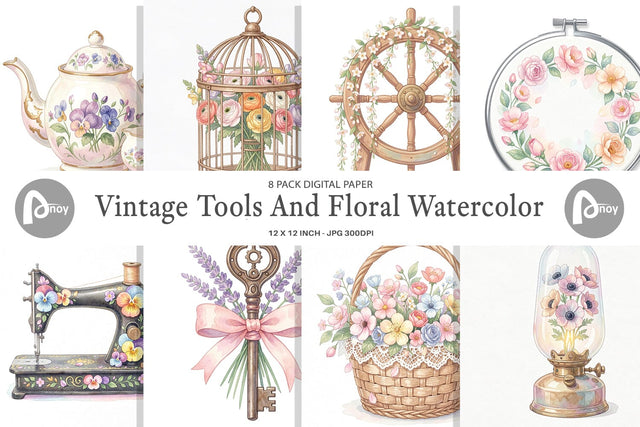 Digital Paper Vintage Tools And Floral Watercolor Digital Pattern artnoy 