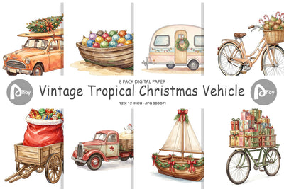 Digital Paper Vintage Tropical Christmas Vehicle Digital Pattern artnoy 
