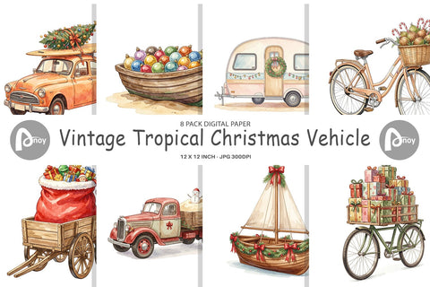 Digital Paper Vintage Tropical Christmas Vehicle Digital Pattern artnoy 