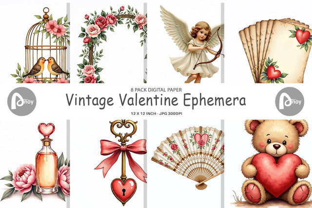 Digital Paper Vintage Valentine Ephemera Watercolor Digital Pattern artnoy 
