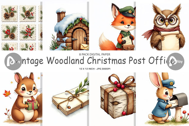 Digital Paper Vintage Woodland Christmas Post Office Watercolor Digital Pattern artnoy 
