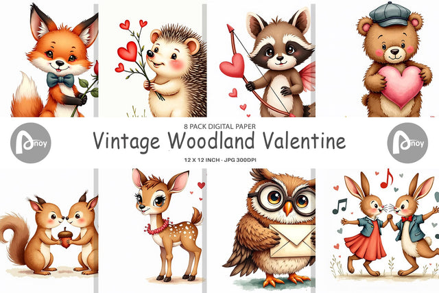 Digital Paper Vintage Woodland Valentine Watercolor Digital Pattern artnoy 
