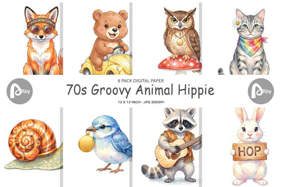 Digital Paper Watercolor 70s Groovy Animal Hippie Digital Pattern artnoy 