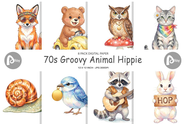 Digital Paper Watercolor 70s Groovy Animal Hippie Digital Pattern artnoy 