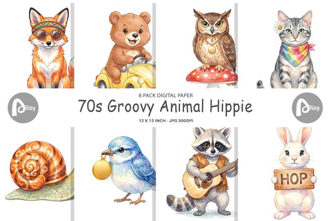 Digital Paper Watercolor 70s Groovy Animal Hippie Digital Pattern artnoy 