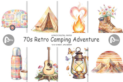 Digital Paper Watercolor 70s Retro Camping Adventure Digital Pattern artnoy 