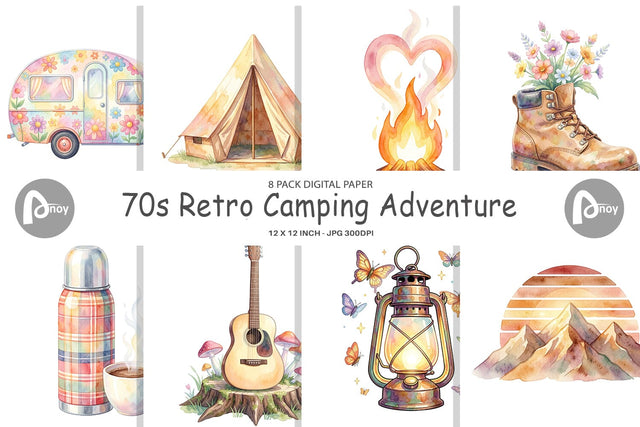 Digital Paper Watercolor 70s Retro Camping Adventure Digital Pattern artnoy 