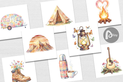 Digital Paper Watercolor 70s Retro Camping Adventure Digital Pattern artnoy 