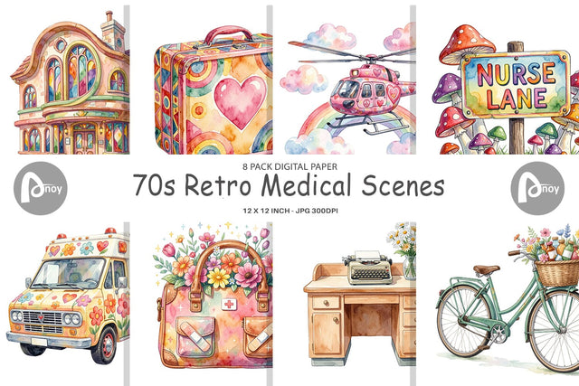 Digital Paper Watercolor 70s Retro Medical Scenes Digital Pattern artnoy 